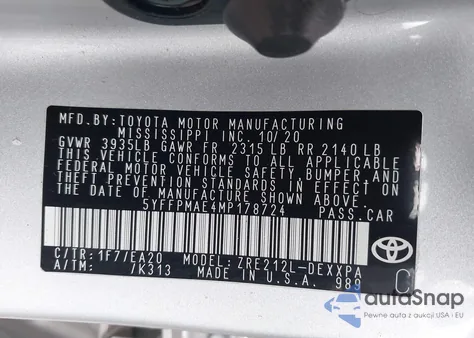 2021 Toyota Corolla Xle из США, поврежденный, VIN 5YFFPMAE4MP178724